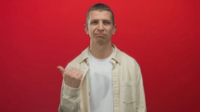 Man pointing with thumb to the left against a solid red background, wearing a casual cream shirt, expressing uncertainty while standing alone indoors. - Powered by Shutterstock - Get 15% off with code: PIKWIZARD15