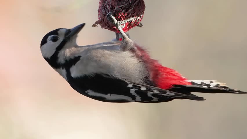 Great Spotted Woodpecker bird feeder in the park, slow motion