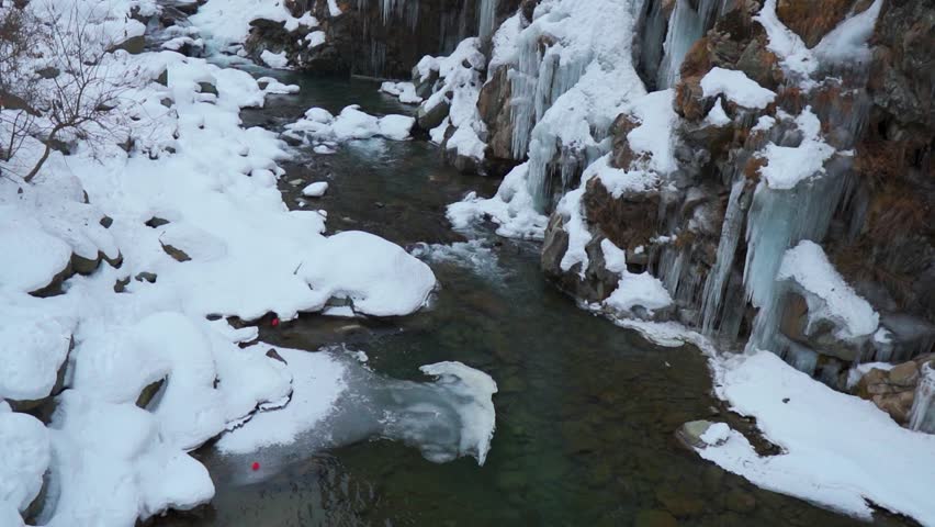 River flowing from Frozen Drung Waterfall at Tangmarg, Kashmir, India. Winter snow background. Frozen icicles as seen at Drung waterfall. Natural winter snowy background.