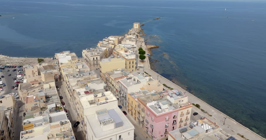 Aerial view of the Ligny Tower, located on the Trapani waterfront. It is an ancient coastal tower located at the western end of the city in Sicily, Italy. Today it is a museum.