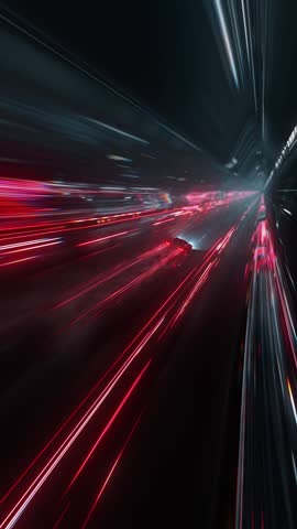 Rear view of a red sports car racing at high speed on neon highway. Power acceleration on a night track with colorful lights. Futuristic digital background. 3d concept of velocity and technology.