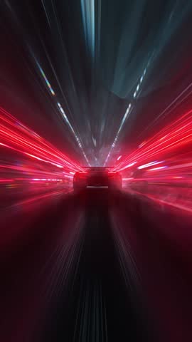 Rear view of a red sports car racing at high speed on neon highway. Power acceleration on a night track with colorful lights. Futuristic digital background. 3d concept of velocity and technology.