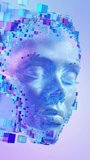 Futuristic Digital Human Face Made of Voxel Blocks and Data Particles. Concept of AI, Machine Learning and Facial Recognition on Dark Blue Background. 4K Animation.  - Powered by Shutterstock - Get 15% off with code: PIKWIZARD15