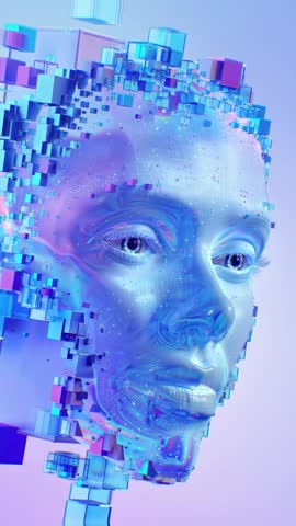Futuristic Digital Human Face Made of Voxel Blocks and Data Particles. Concept of AI, Machine Learning and Facial Recognition on Dark Blue Background. 4K Animation. 