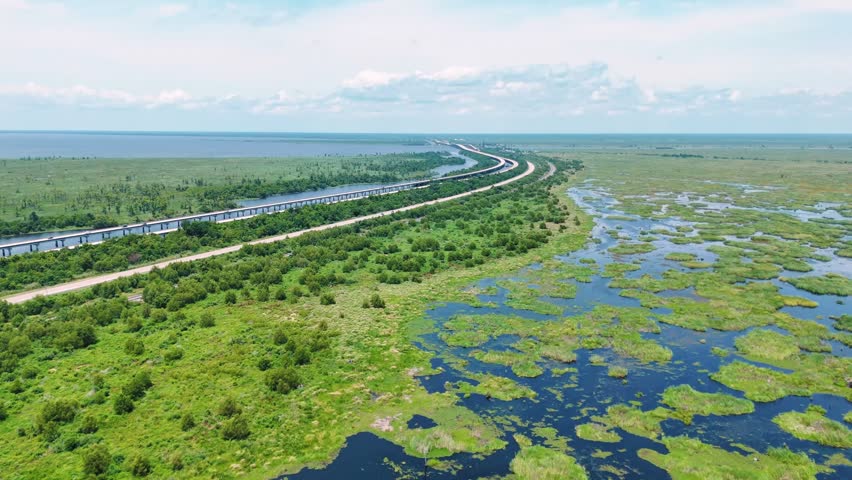 Aerial landscape of Bayou Swamp wetlands summer nature scene sunny day in rural Louisiana LA USA