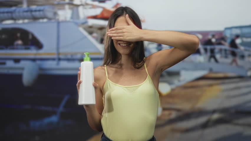 Woman holding lotion bottle and covering eyes with hand on street pier near docked boats and quay; playful skincare demo.