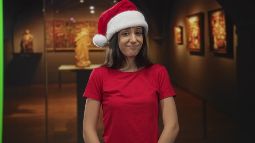 Young hispanic woman shrugs shoulders wearing red santa hat and red shirt in gallery building; holiday awkwardness.