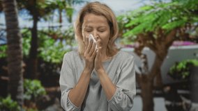 Woman holds tissue with hand on forehead in green park among sunlit trees; sadness coping solitude resilience. - Powered by Shutterstock - Get 15% off with code: PIKWIZARD15