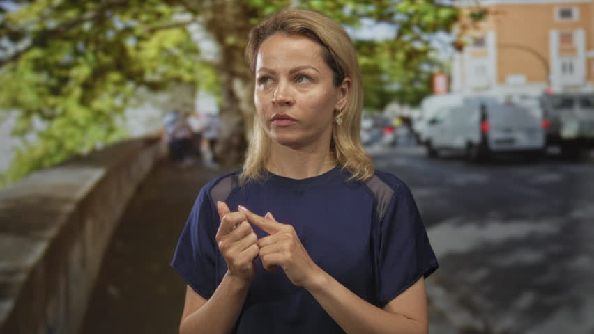 Young blonde woman raises hand with open palm on busy city street lined with cars near sidewalk; uncertainty.