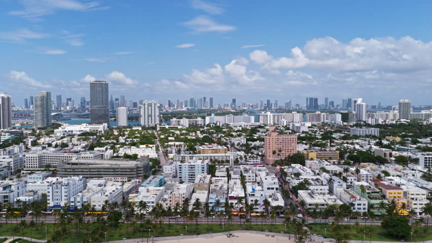 Aerial view of Miami beach and ocean. Miami coastline. Famous Miami skyline. Miami oceanfront line.
