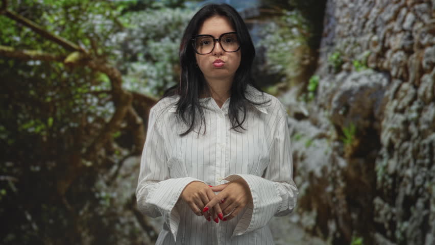 Hispanic woman presses her cheeks with red manicured fingers while standing among winding tree roots in lush forest; playful joy.
