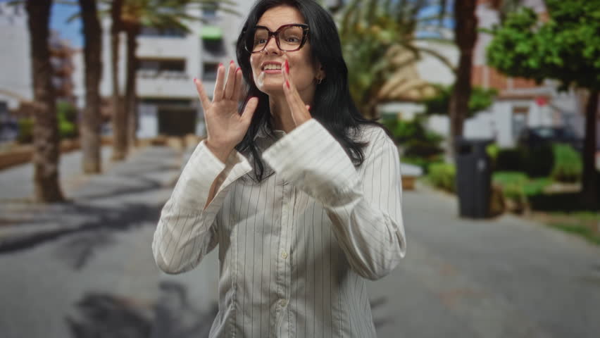 Woman in white striped shirt cups hands around mouth on busy urban street under palm trees; enthusiasm.