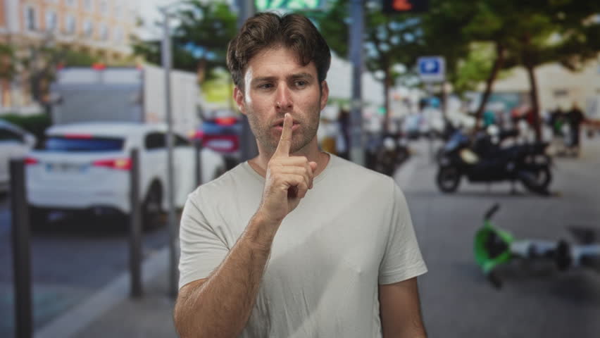 Man finger to lips for silence on street with parked cars and green scooter nearby, crowded sidewalk and motorcycles behind him; quiet caution.