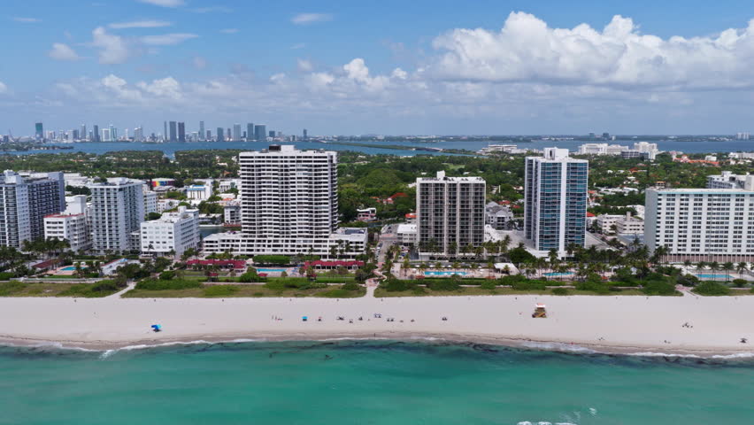 Aerial view of Miami beach and ocean. Miami coastline. Famous Miami skyline.