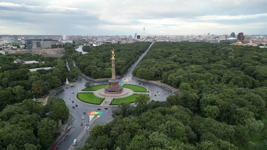 Berlin Tiergarten Park City Germany Siegessäule Victory Column Statue Avenue 17 Juni Drone Aerial View Urban Landscape Landmark Tourism Travel Scenic Green Trees Europe Architecture Summer Destination