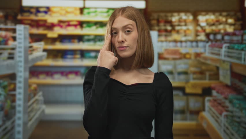 Young blonde woman points finger to eye while standing in supermarket aisle; vigilance alertness scrutiny attention.