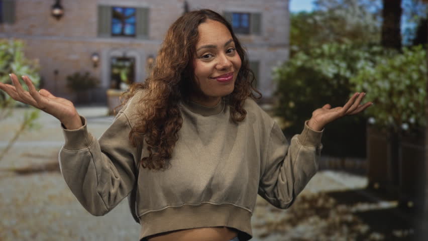 Woman shrugging with palms up and bare hands visible in front of building courtyard, smiling in a casual sweatshirt; playful uncertainty.