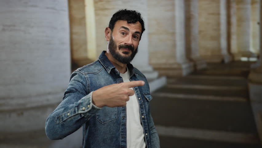 Man with beard makes a no gesture amidst ancient columns in rome, capturing a dynamic moment in the historic old town setting with a denim jacket and confident expression.