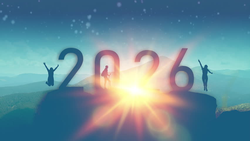 Silhouettes of joyful people jumping on a mountain with large 2026 numbers and sunrise in the background. Concept of happiness, success, new beginnings, and positive future.