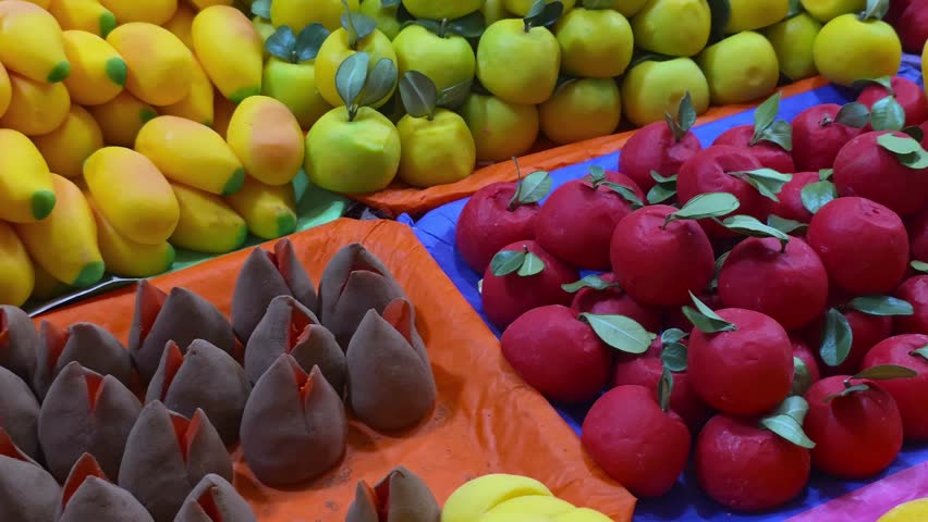 Colorful Offering Decoration: Traditional Mexican Fruit-Shaped Candies for the Day of the Dead Festival