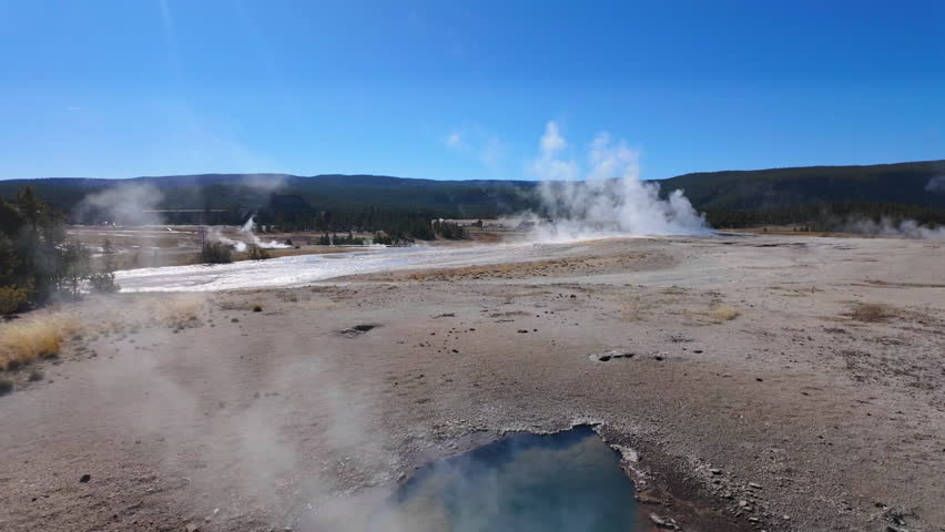 Slow Motion Steamy Upper Geyser Basin with Old Faithful Lodge