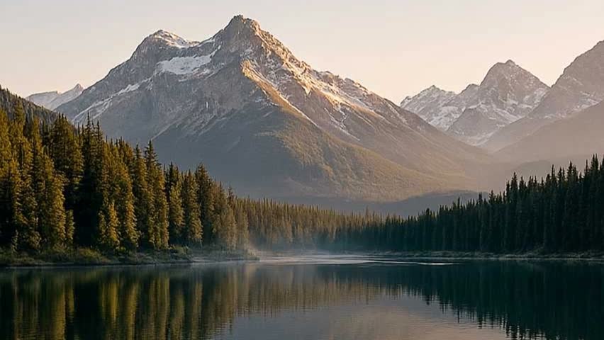Cinematic aerial view of a calm mountain lake at sunrise with golden light, pine forest reflections, and gentle morning mist over the water. Peaceful natural landscape in 4K resolution, ideal for trav