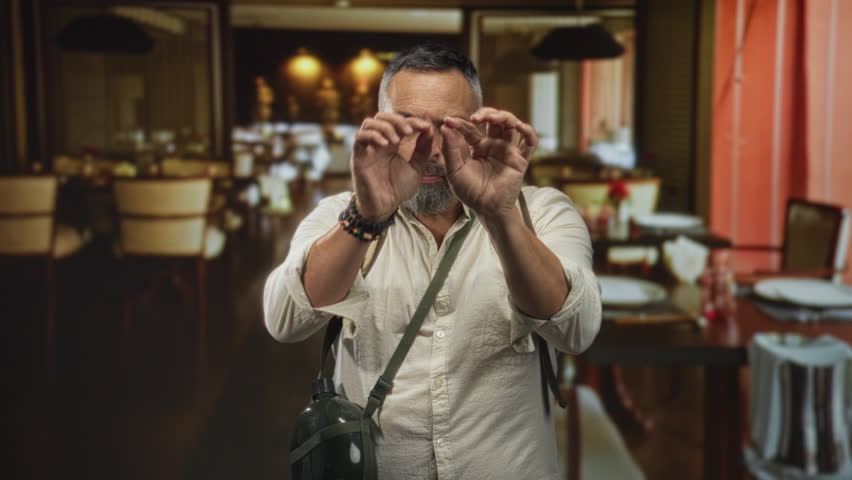 Man with hands raised framing gesture, backpack and canteen visible in restaurant building; exploration focus.