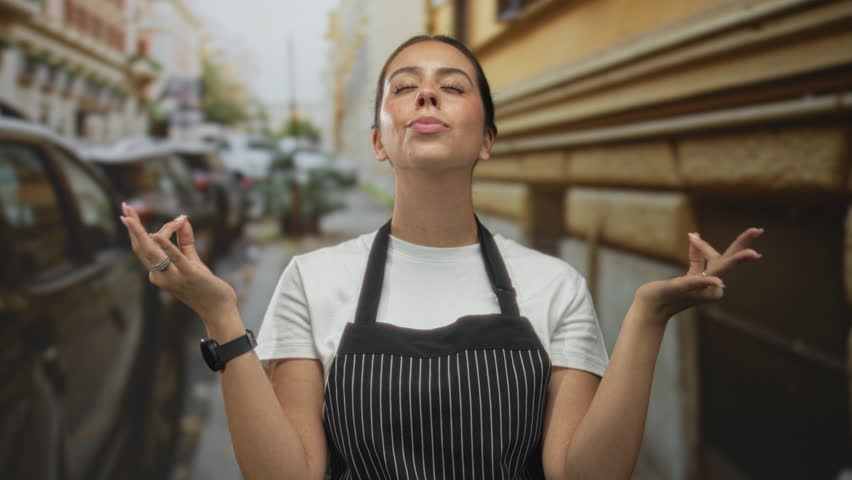 Woman wearing a striped apron with hands in meditation mudra and eyes closed on a busy street; calm focus.