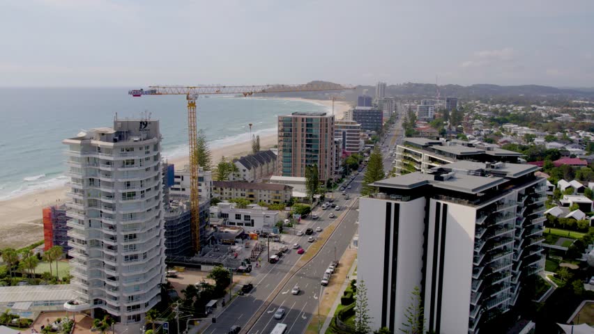 Aerial views of Palm Beach on the Gold Coast with skyline in the background, Queensland, Australia 