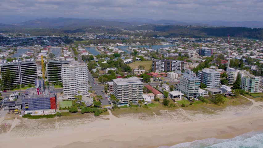 Aerial views of Palm Beach on the Gold Coast with skyline in the background, Queensland, Australia 