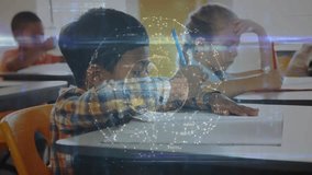 Boy writing in classroom while globe overlay fading in and rotating with code supporting education. Learning, education, technology, innovation, collaboration, digital, classroom - Powered by Shutterstock - Get 15% off with code: PIKWIZARD15