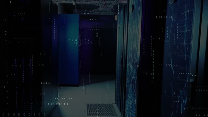 On start, server cabinets causing floating binary digits drifting across corridor to show data flow. Technology, cybersecurity, digital, network, data, modern, infrastructure - Powered by Shutterstock - Get 15% off with code: PIKWIZARD15