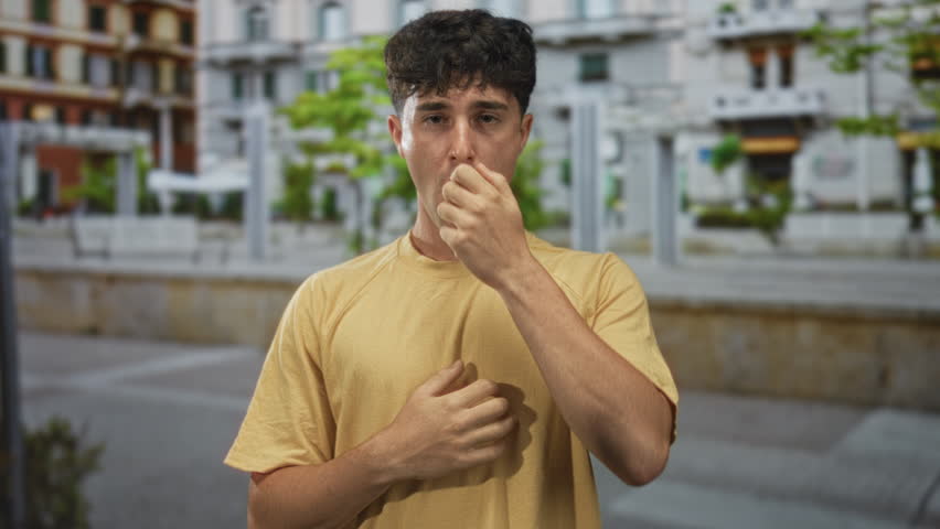 Man covering mouth with hand and clutching chest for heartattack on street; anxiety breathlessness emergency concern.