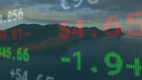 Sun dipping behind ridge ticker overlay floating, displaying market shifts over dusk coast. Coastal, sunset, digital, data, technology, tranquility, landscape - Powered by Shutterstock - Get 15% off with code: PIKWIZARD15