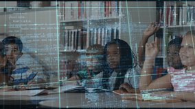 Students raising hands on teacher prompt in library girl answering, boy tapping with code gridlines. Education, teamwork, literacy, concentration, innovation, youth, knowledge - Powered by Shutterstock - Get 15% off with code: PIKWIZARD15