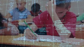 Overlay of scrolling code initiating boy adjusting pencil grip and writing assignment for education. Student, classroom, digital, technology, learning, education, focus - Powered by Shutterstock - Get 15% off with code: PIKWIZARD15