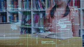 Girl propping book open in education library summoning code overlay then fading to reveal reading. Learner, literacy, study, concentration, technology, academic, focus - Powered by Shutterstock - Get 15% off with code: PIKWIZARD15