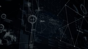 Thin white points appearing over wireframe world map forming nodes and lines showing data exchange. Technology, connectivity, digital, innovation, data, global, network - Powered by Shutterstock - Get 15% off with code: PIKWIZARD15