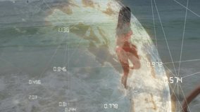Girl dashing from right to reach woman wading as waves lapping ankles creating tech globe overlay. Family, aquatic, technology, collaborative, leisure, dynamic, minimalist - Powered by Shutterstock - Get 15% off with code: PIKWIZARD15