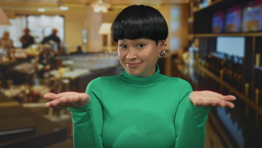 Woman in green shirt gesturing indoors at restaurant setting, conveying skepticism with fingers as air quotes, with soft blurred background of coffee shop ambiance.