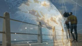 Upon tech globe stabilizing over ocean boardwalk couple walking arm in arm while data nodes pulsing. Technology, connectivity, digital, innovation, communication, futurism, adventure - Powered by Shutterstock - Get 15% off with code: PIKWIZARD15