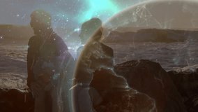 Sunset inspiring couple pausing by shore while rotating globe merging waves into technology network. Celestial, connectivity, adventure, exploration, serenity, digital, horizon - Powered by Shutterstock - Get 15% off with code: PIKWIZARD15