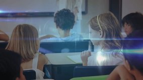 Blonde girl with headband whispering to peer, initiating animated nodes forming education network. Education, collaboration, digital connectivity, classroom, learning, technology, teamwork - Powered by Shutterstock - Get 15% off with code: PIKWIZARD15