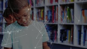 Front boy noticing book lifting gaze toward camera while network overlay promoting digital learning. Education, technology, innovation, collaboration, focus, curiosity, literacy - Powered by Shutterstock - Get 15% off with code: PIKWIZARD15