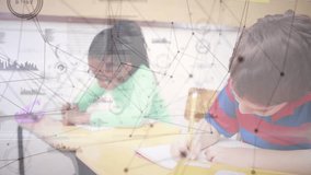 Boy in striped polo writing worksheet as network overlay fading pausing smiling resuming writing. Classroom, education, children, study, learning, brainstorming, focus - Powered by Shutterstock - Get 15% off with code: PIKWIZARD15