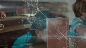 Camera revealing educational data overlay animating students flipping textbook and touching globe. Learning, education, children, classroom, collaboration, digital, technology - Powered by Shutterstock - Get 15% off with code: PIKWIZARD15