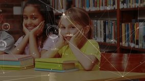 At start classmates leaning at library while education data overlays animating then friend entering. Learning, collaboration, innovation, education, technology, creativity, youthful - Powered by Shutterstock - Get 15% off with code: PIKWIZARD15
