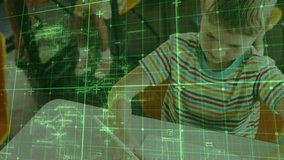 Student pausing writing at school desk as green grid overlay scanning work for writing assessment. Technology, education, learning, digital, innovation, futuristic, classroom - Powered by Shutterstock - Get 15% off with code: PIKWIZARD15