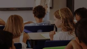 Teacher addressing students, initiating glowing network overlay with nodes and lines for education. Education, classroom, learning, collaboration, connectivity, digital, instructional - Powered by Shutterstock - Get 15% off with code: PIKWIZARD15