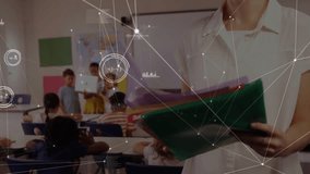 Teacher flipping folders, generating animated network lines in education while students presenting. Classroom, education, learning, teaching, training, presentation, collaboration - Powered by Shutterstock - Get 15% off with code: PIKWIZARD15